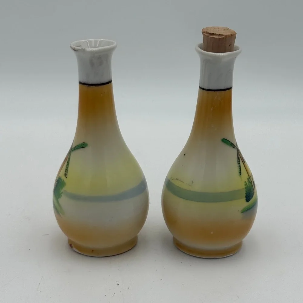 Vintage Hand Painted Japan Porcelain Windmill Cruet Set Gold Handle 2pc